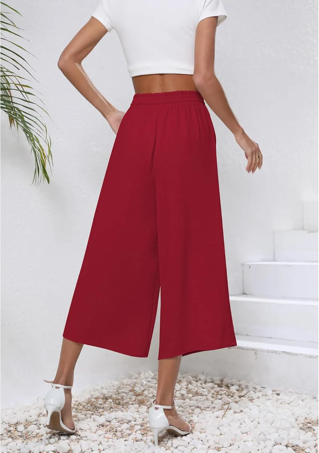 CZYINXIAN Womens Flowy Wide Leg Pants Casual Summer Beach Elastic Waist Trousers Trendy Business Work Pants with Pockets