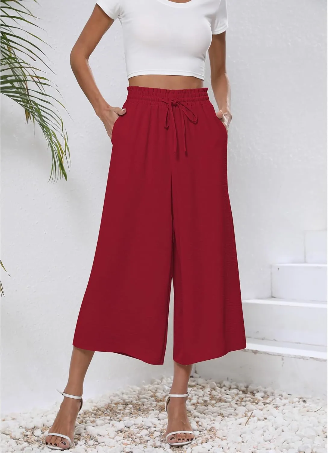 CZYINXIAN Womens Flowy Wide Leg Pants Casual Summer Beach Elastic Waist Trousers Trendy Business Work Pants with Pockets