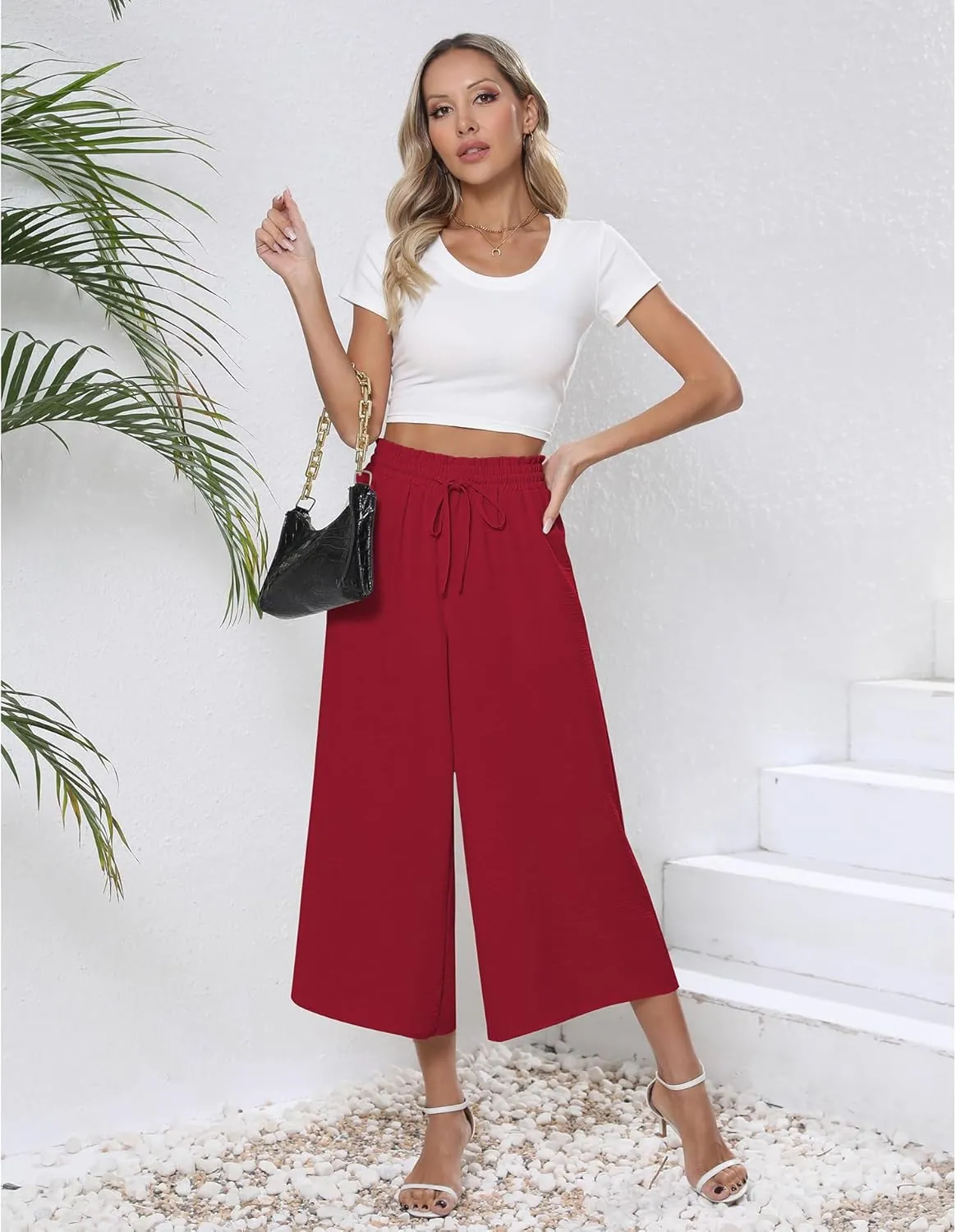 CZYINXIAN Womens Flowy Wide Leg Pants Casual Summer Beach Elastic Waist Trousers Trendy Business Work Pants with Pockets