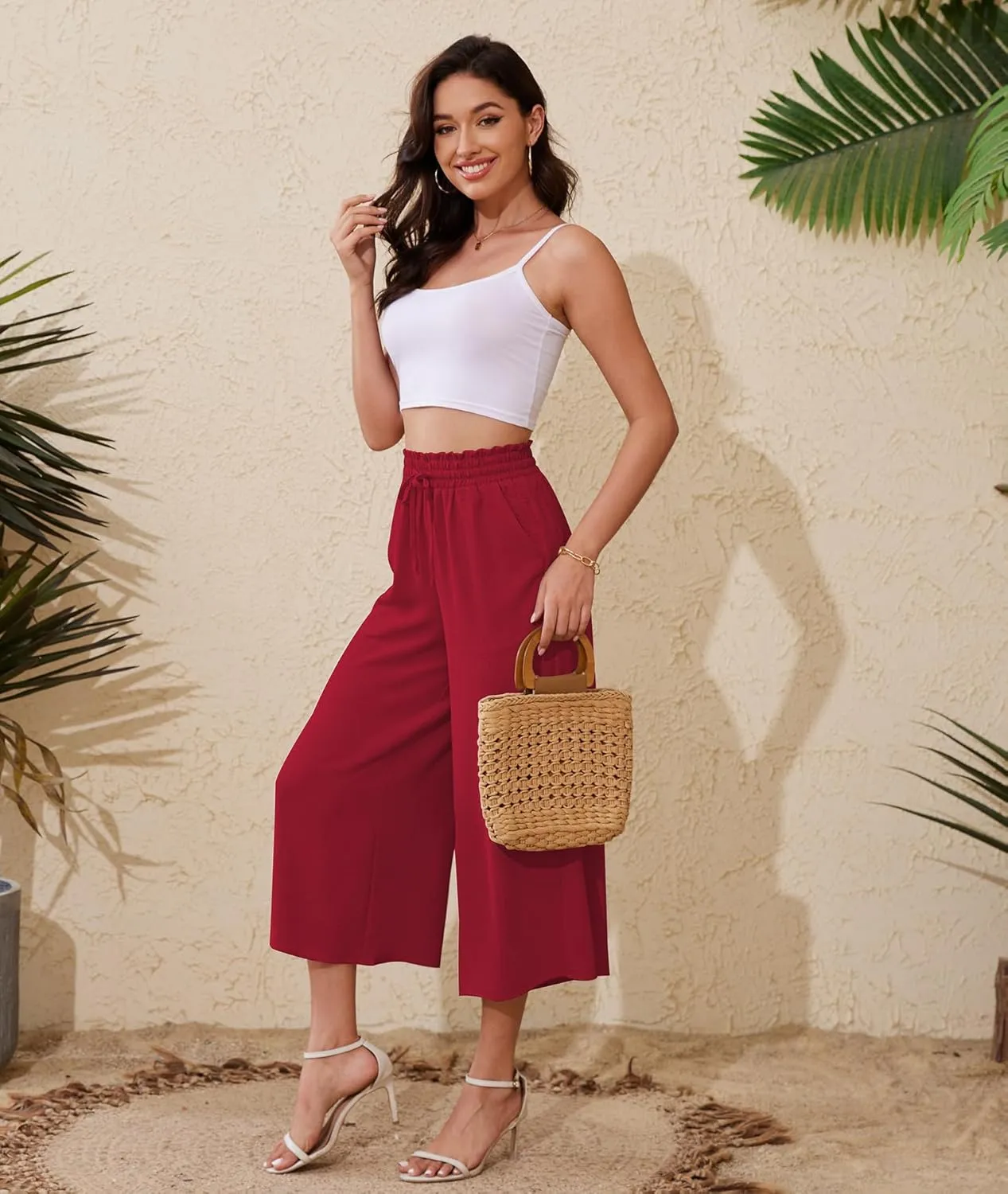 CZYINXIAN Womens Flowy Wide Leg Pants Casual Summer Beach Elastic Waist Trousers Trendy Business Work Pants with Pockets