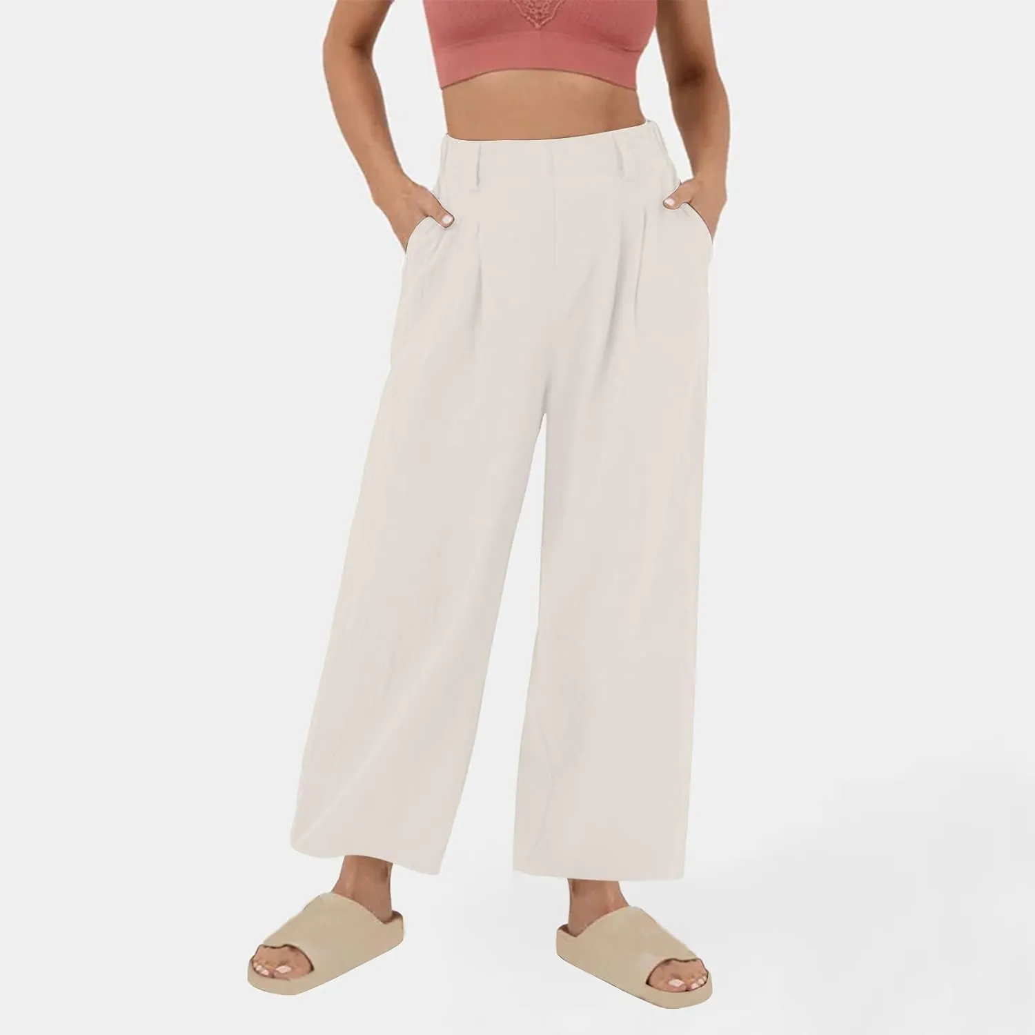 DASAYO Linen Pants for Women Dressy Casual High Waisted Cropped Palazzo Ladies Wide Leg Trousers with Pockets Summer Clothes
