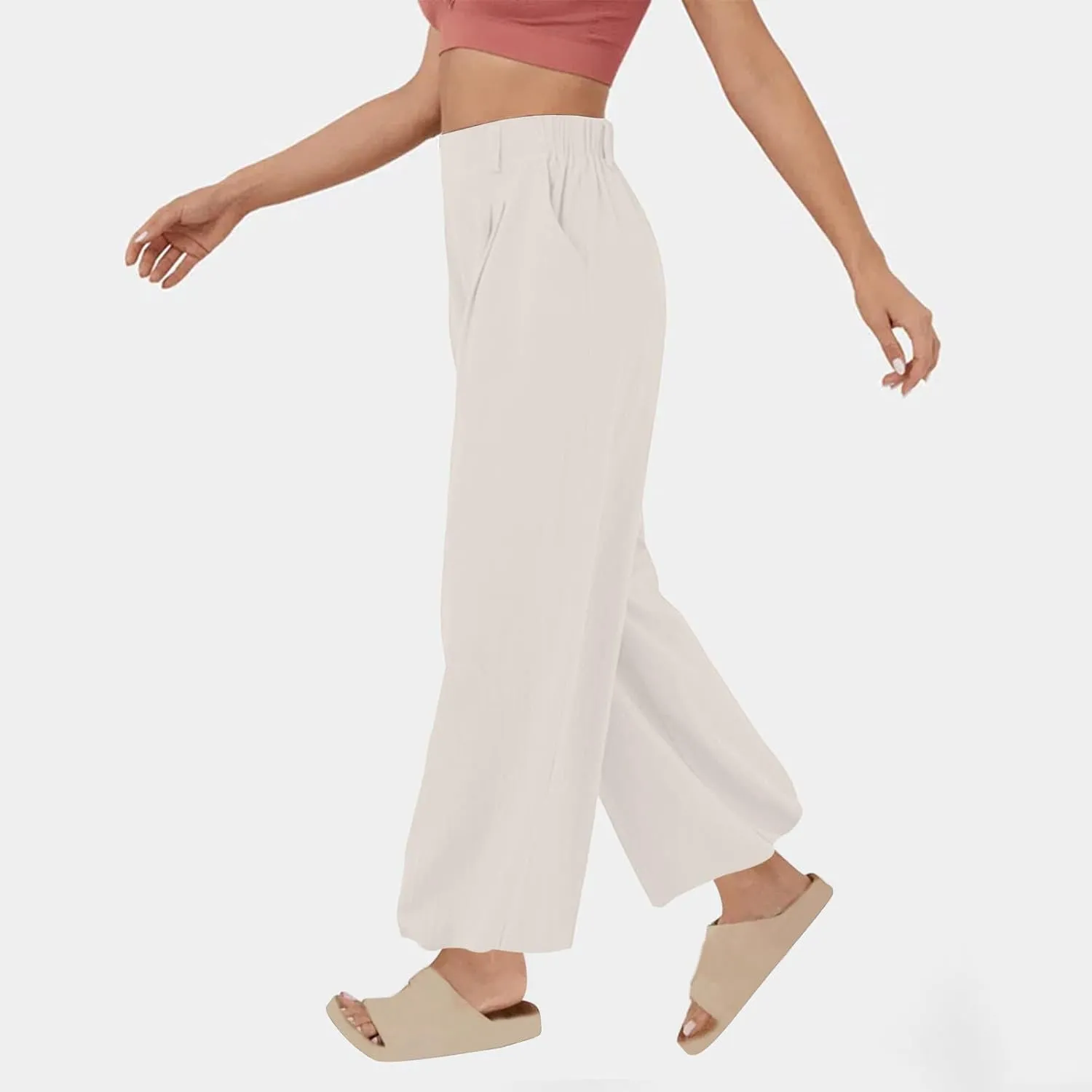 DASAYO Linen Pants for Women Dressy Casual High Waisted Cropped Palazzo Ladies Wide Leg Trousers with Pockets Summer Clothes