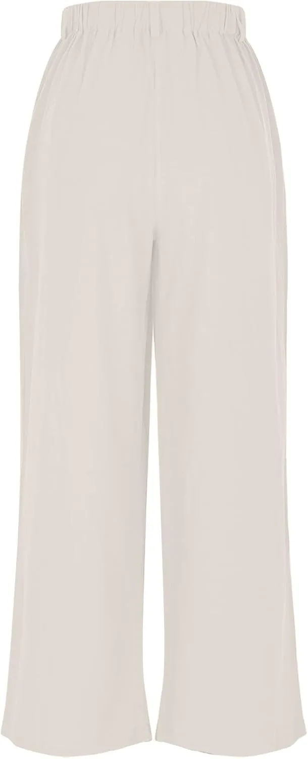 DASAYO Linen Pants for Women Dressy Casual High Waisted Cropped Palazzo Ladies Wide Leg Trousers with Pockets Summer Clothes