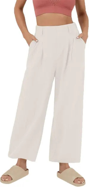 DASAYO Linen Pants for Women Dressy Casual High Waisted Cropped Palazzo Ladies Wide Leg Trousers with Pockets Summer Clothes