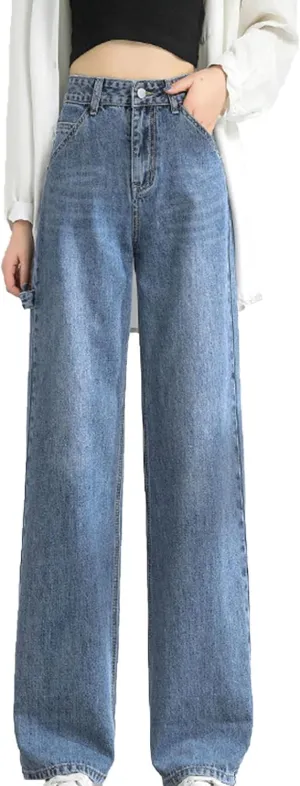 DGHM-JLMY Women's Loose High Waist Denim Wide Leg Pants Straight Distressed Baggy Denim Pants Casual High Waisted Jeans