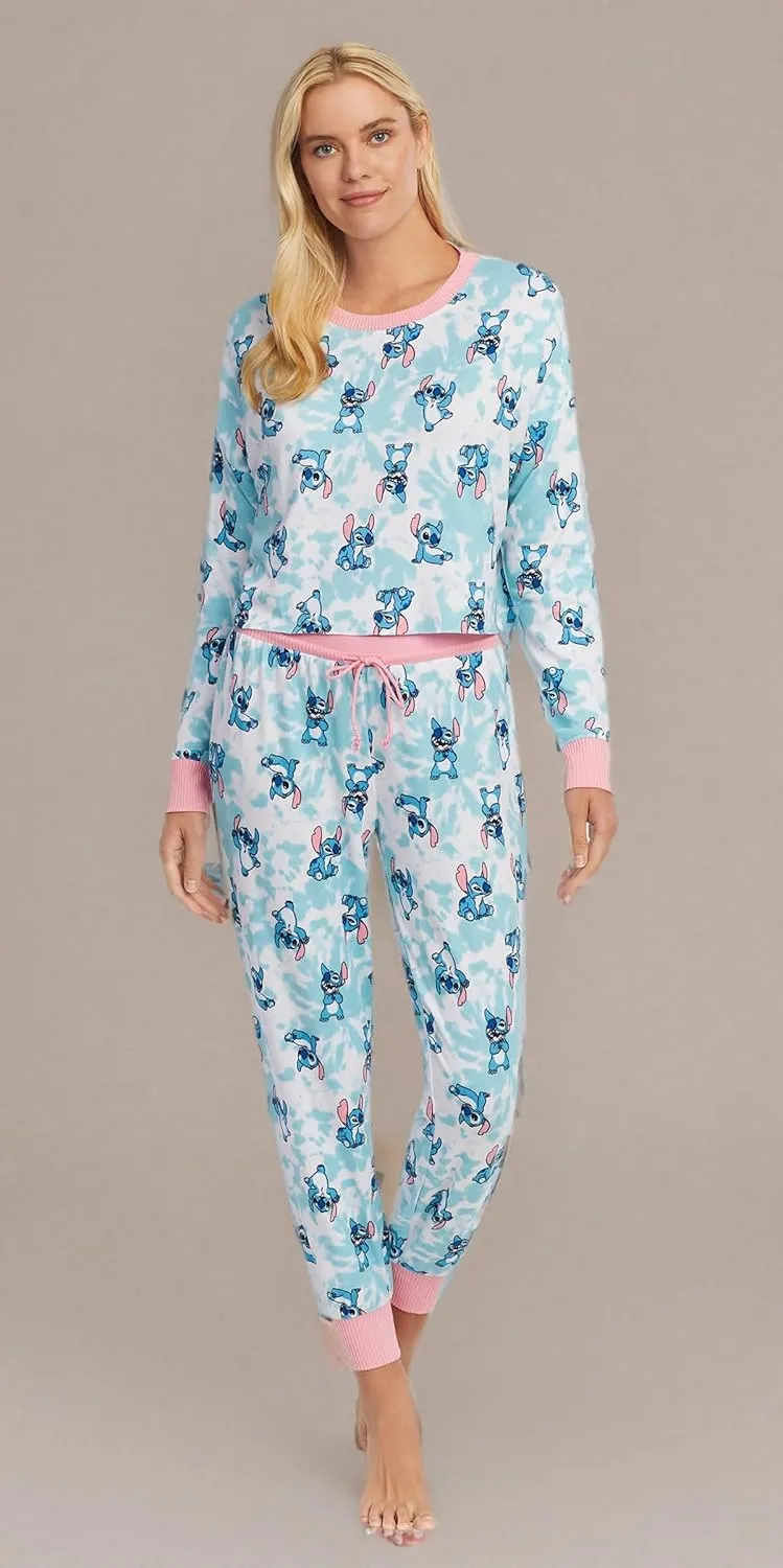 Disney Women's Stitch Poses Tie-Dye Crop Top and Jogger Pants 2 Piece Pajama Set