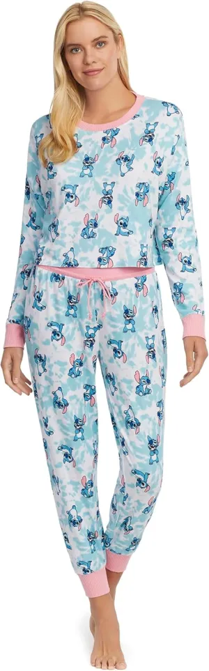 Disney Women's Stitch Poses Tie-Dye Crop Top and Jogger Pants 2 Piece Pajama Set