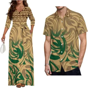 Dongfangyoupin Women's Bodycon Long Skirt Samoan Dress and Men's Short Sleeve Shirt Polynesian Island with Couple Outfit