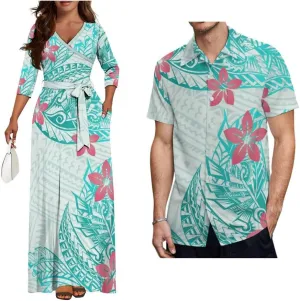 Dongfangyoupin Women's Bodycon Long Skirt Samoan Dress and Men's Short Sleeve Shirt Polynesian Island with Couple Outfit