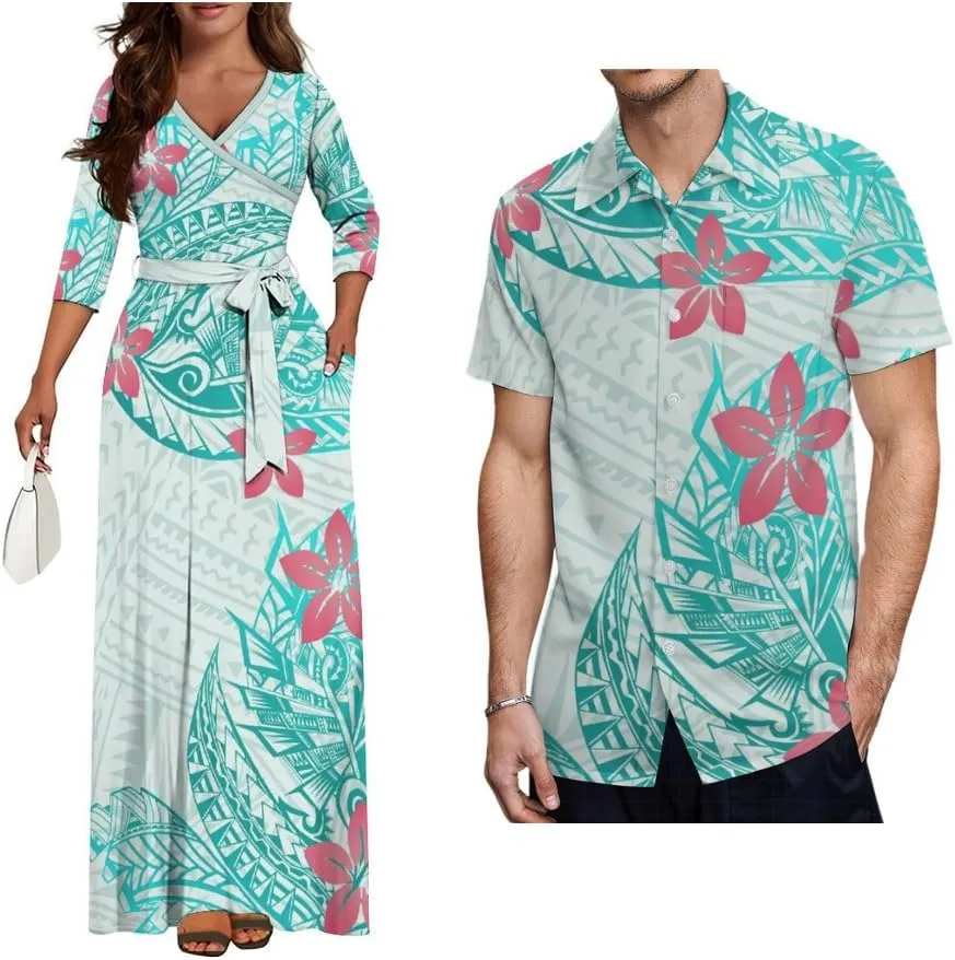 Dongfangyoupin Women's Bodycon Long Skirt Samoan Dress and Men's Short Sleeve Shirt Polynesian Island with Couple Outfit