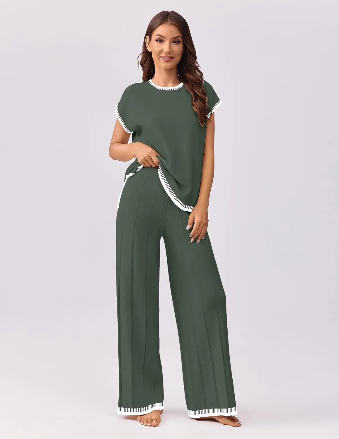 Ekouaer Womens Matching Sets Knit Sweater Sets 2 Pieces Outfits Pullover Tops Wide Legs Pants Lounge Set