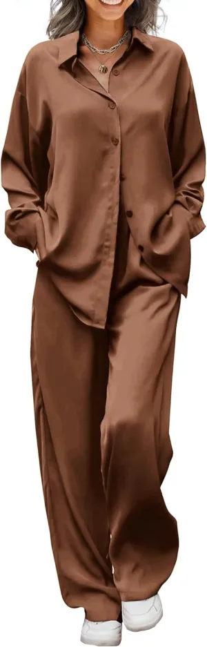 Ekouaer Womens Satin Silky Pajama Set 2 Piece Print PJs Soft Loungewear Button Down Sleepwear with Elastic Waist Long Pants