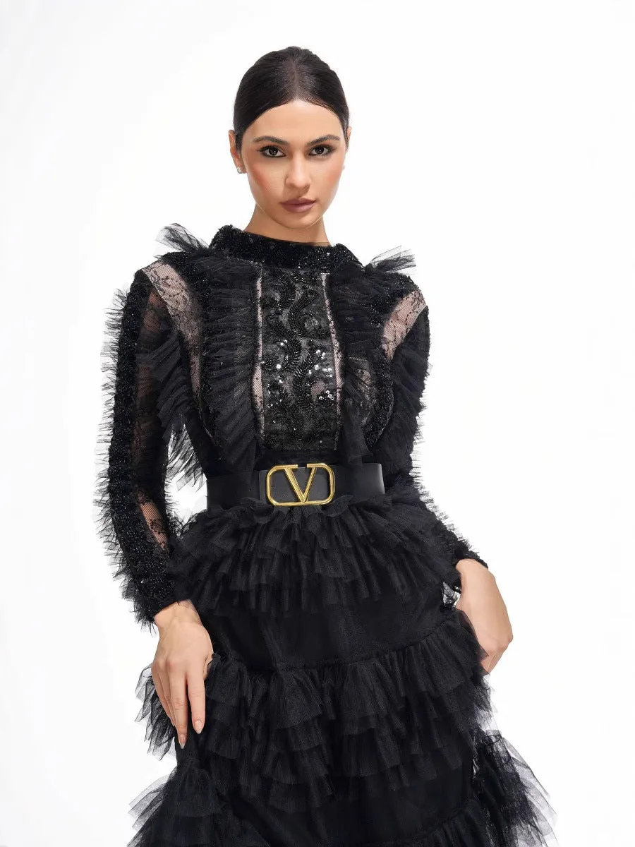 Elegant High Neck Beading Long Sleeves Layers Prom Dress With Belt