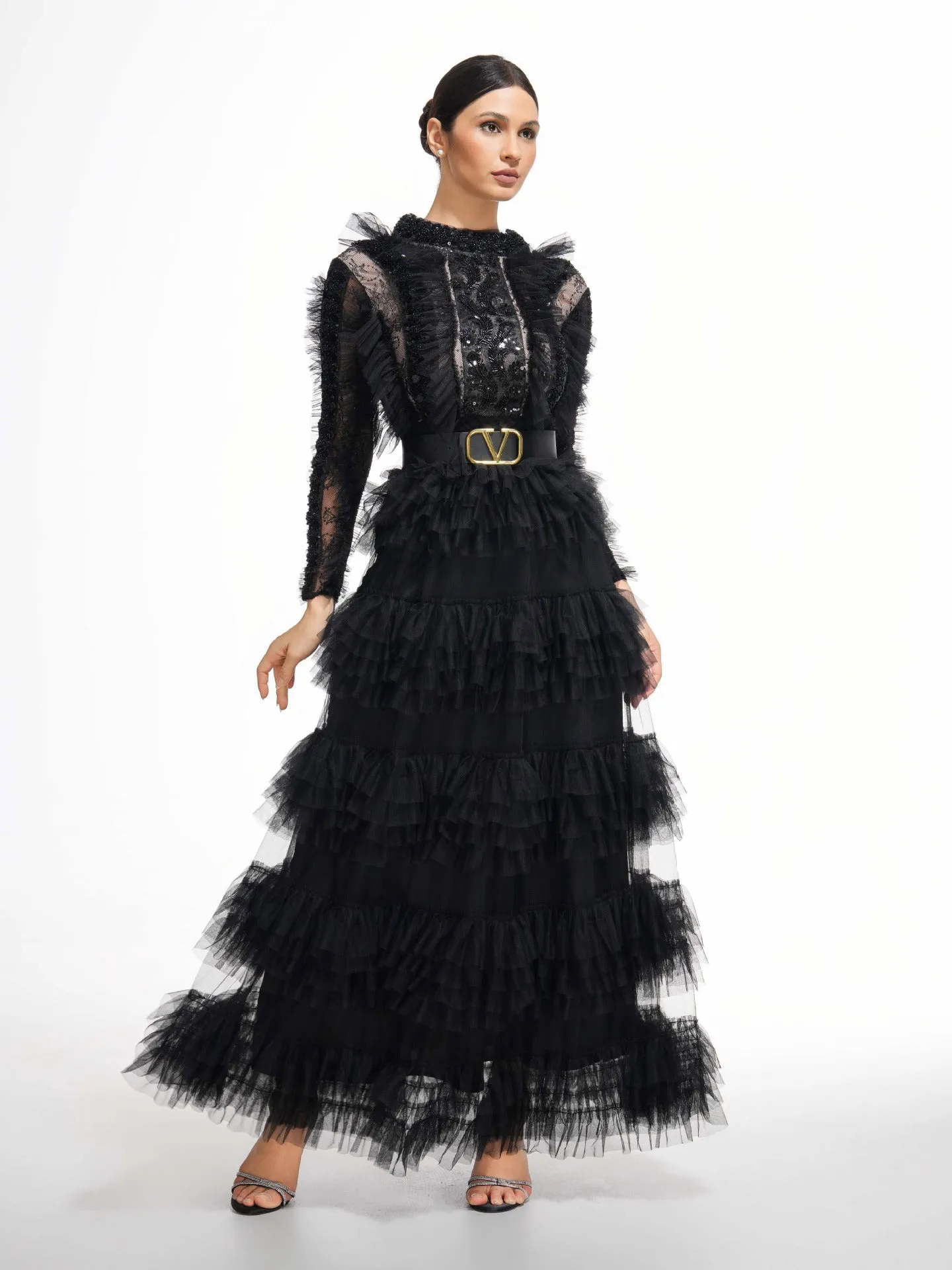 Elegant High Neck Beading Long Sleeves Layers Prom Dress With Belt