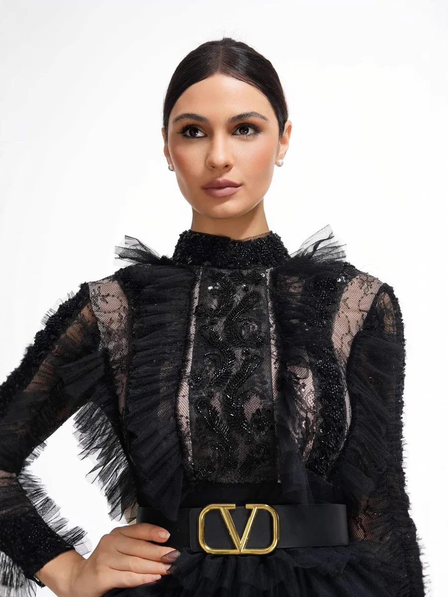 Elegant High Neck Beading Long Sleeves Layers Prom Dress With Belt