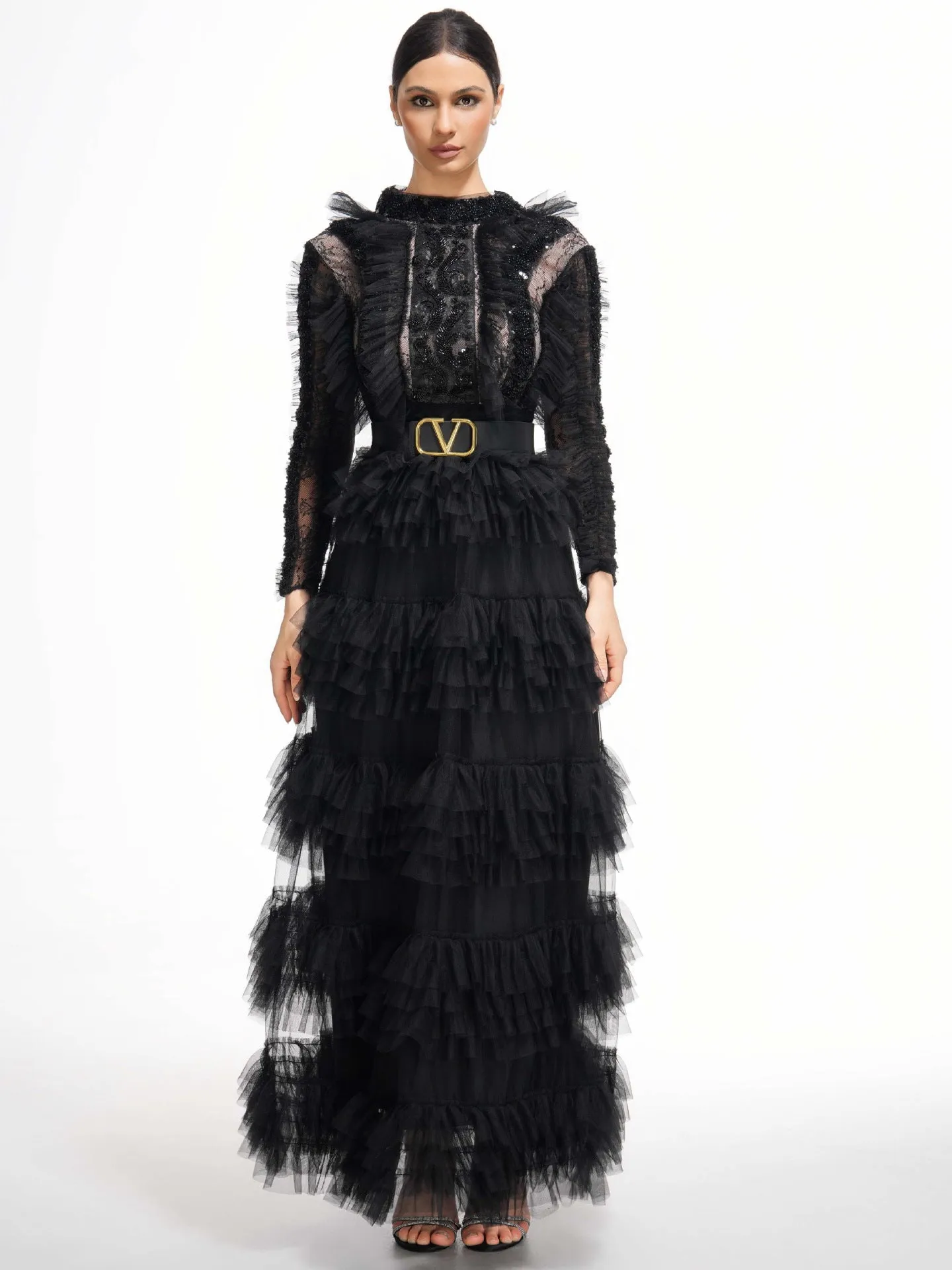 Elegant High Neck Beading Long Sleeves Layers Prom Dress With Belt