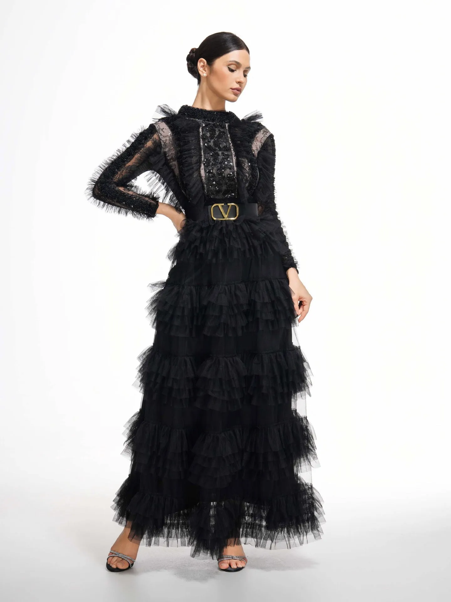 Elegant High Neck Beading Long Sleeves Layers Prom Dress With Belt