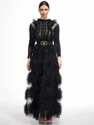 Elegant High Neck Beading Long Sleeves Layers Prom Dress With Belt