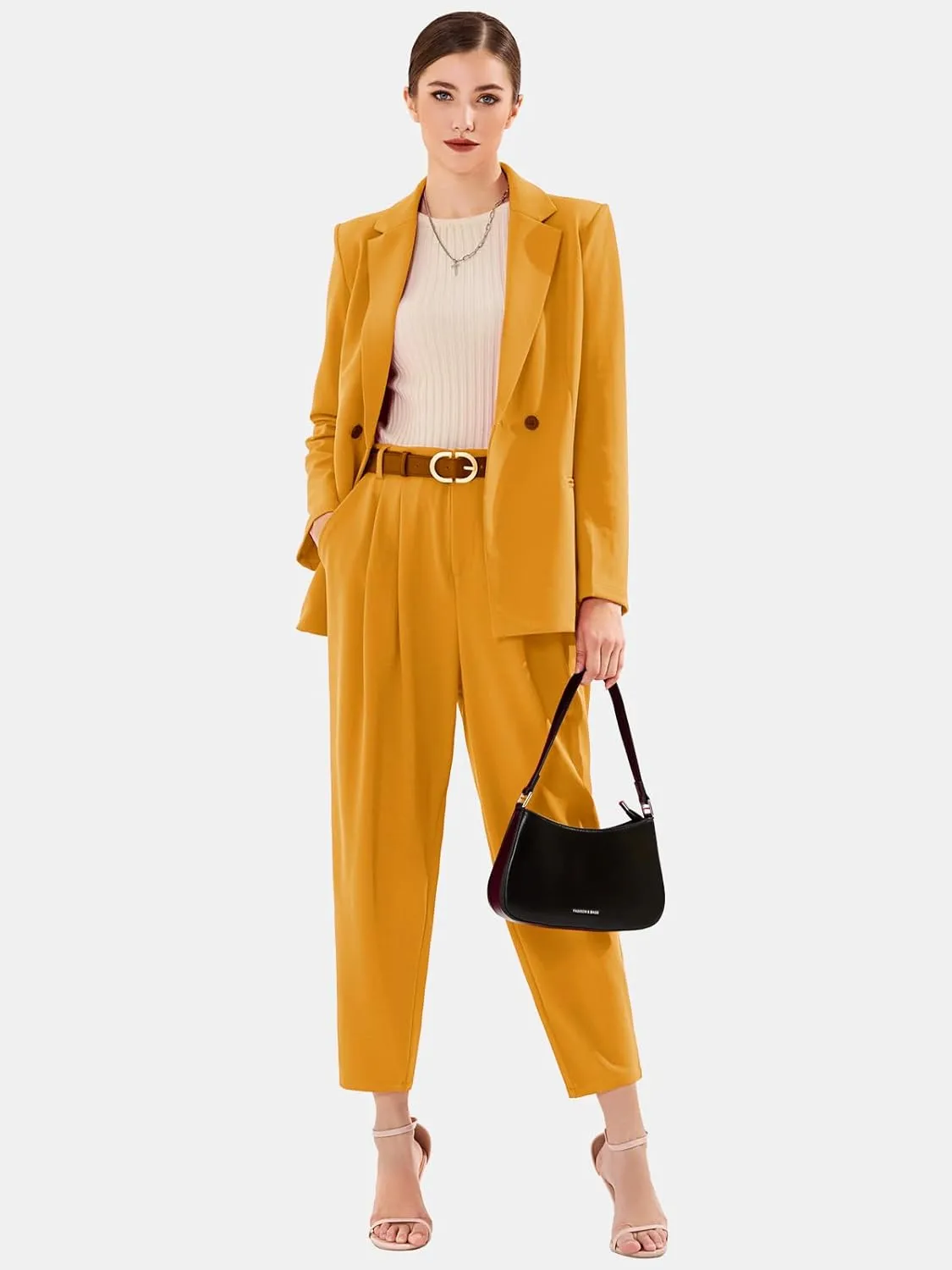 EXLURA Women's Business Blazer and High Elastic Waist Pant Suit Set Loose Fit Casual Fall Winter 2 Piece Suits for Work