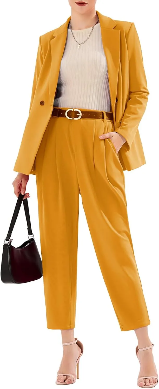 EXLURA Women's Business Blazer and High Elastic Waist Pant Suit Set Loose Fit Casual Fall Winter 2 Piece Suits for Work