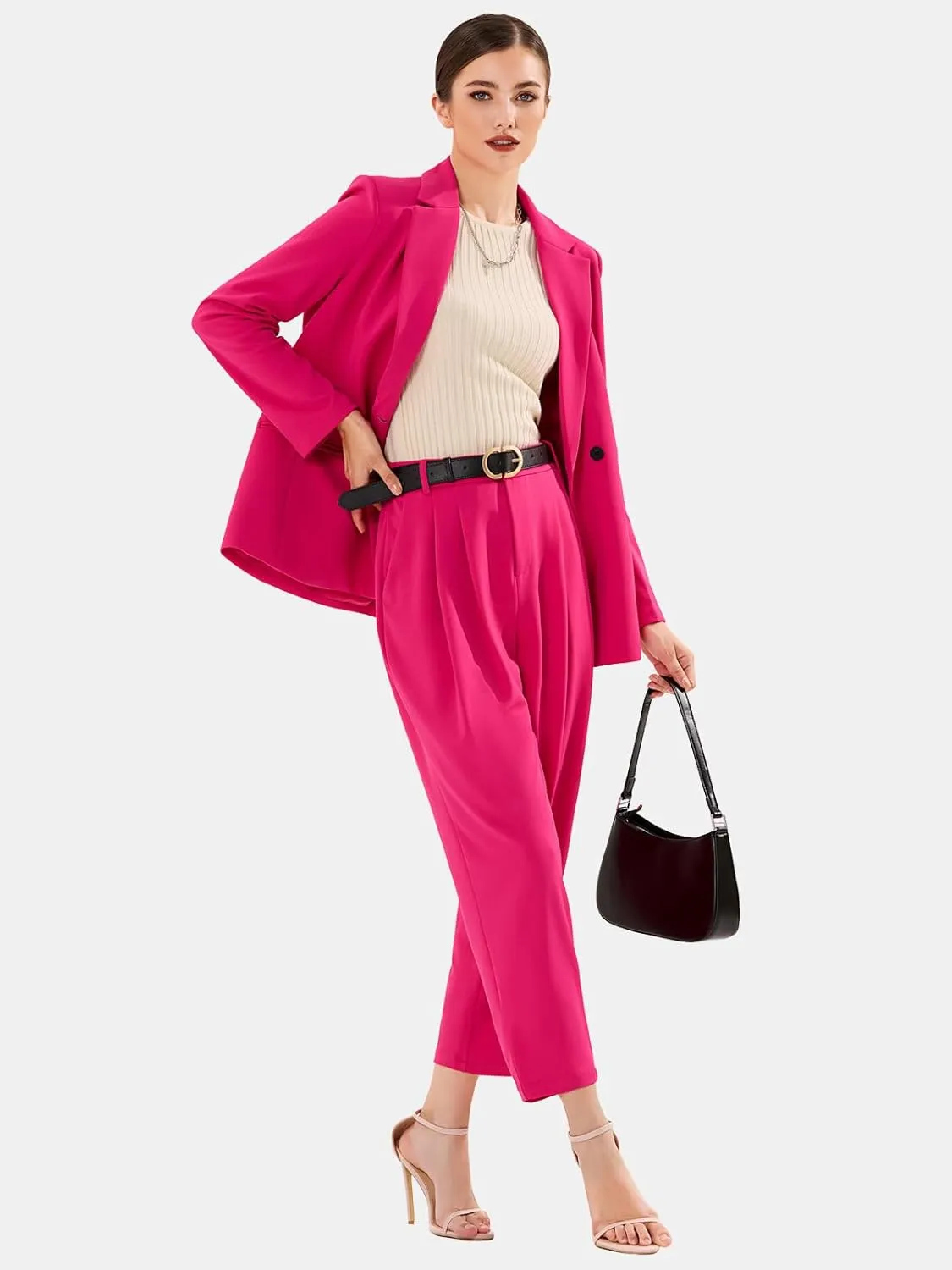 EXLURA Women's Business Blazer and High Elastic Waist Pant Suit Set Loose Fit Casual Fall Winter 2 Piece Suits for Work