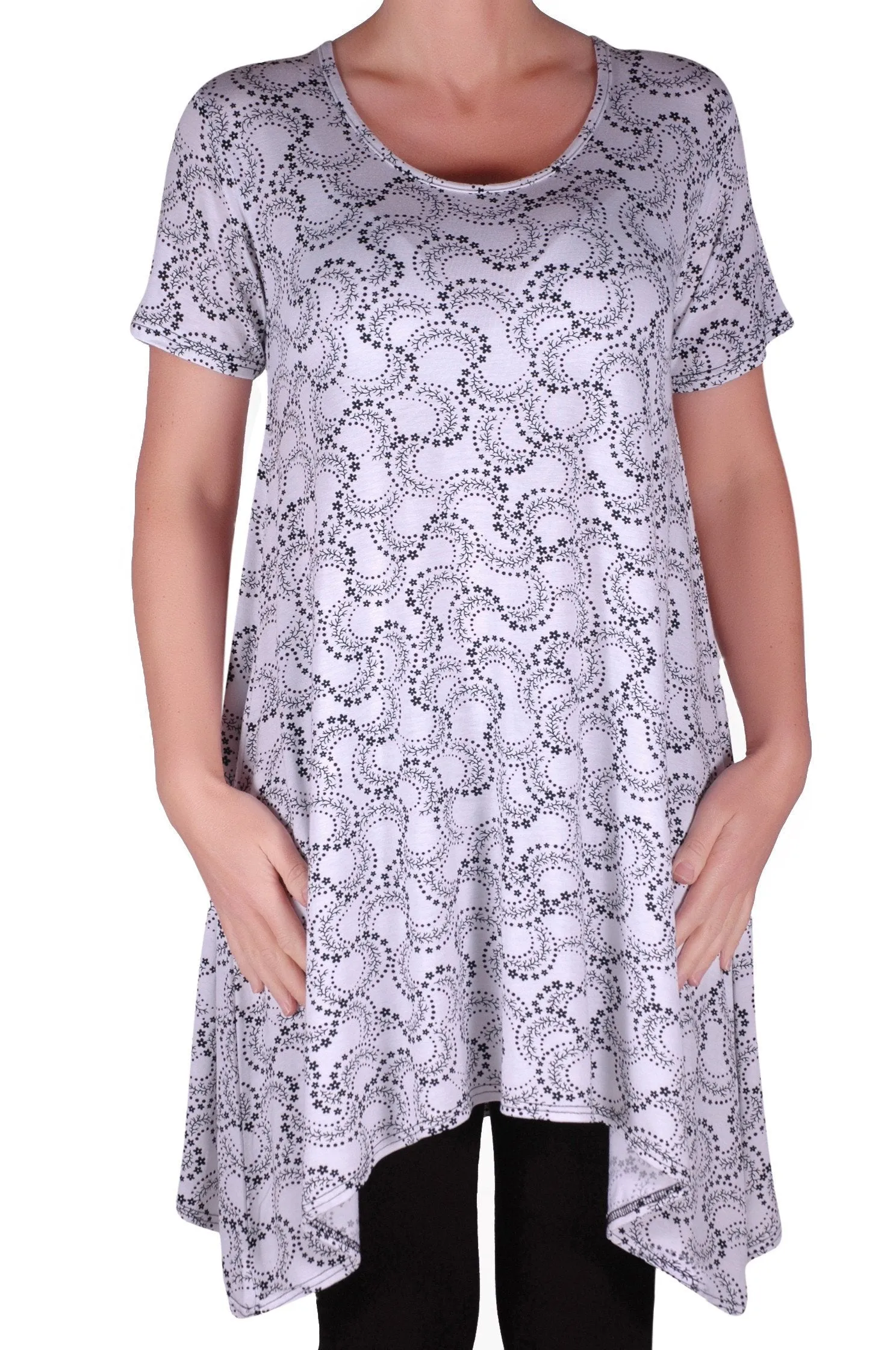 Faith Long Tunic Flared Uneven Hem Print Short Sleeve Top