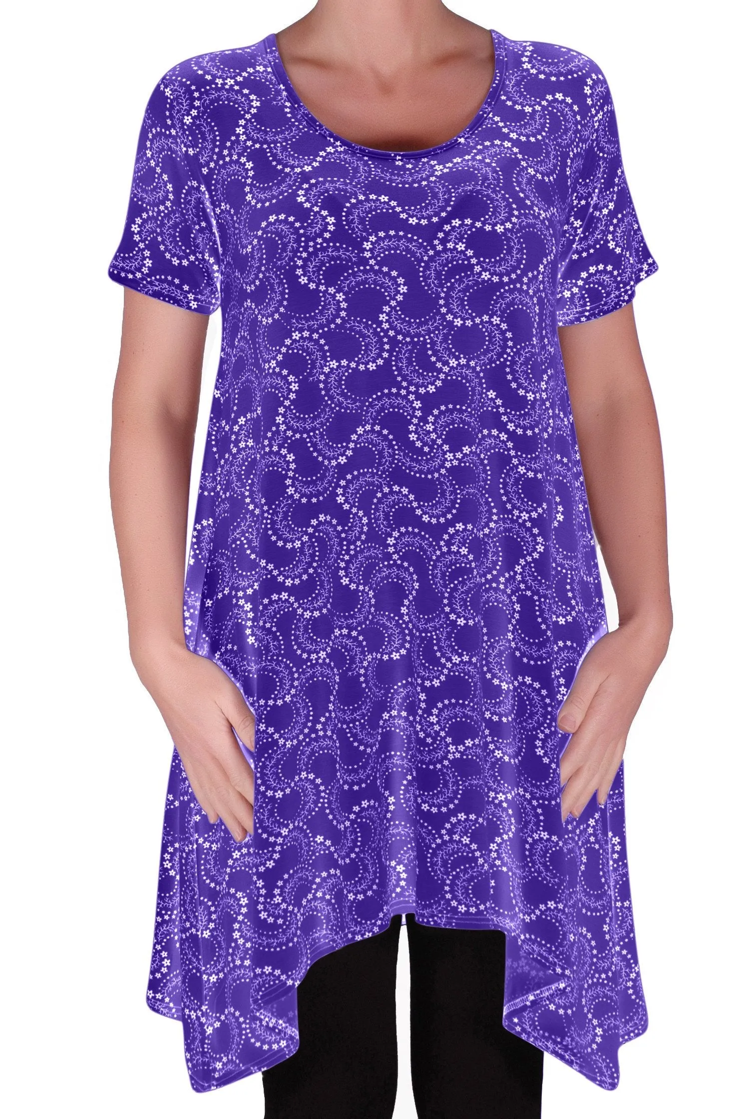 Faith Long Tunic Flared Uneven Hem Print Short Sleeve Top