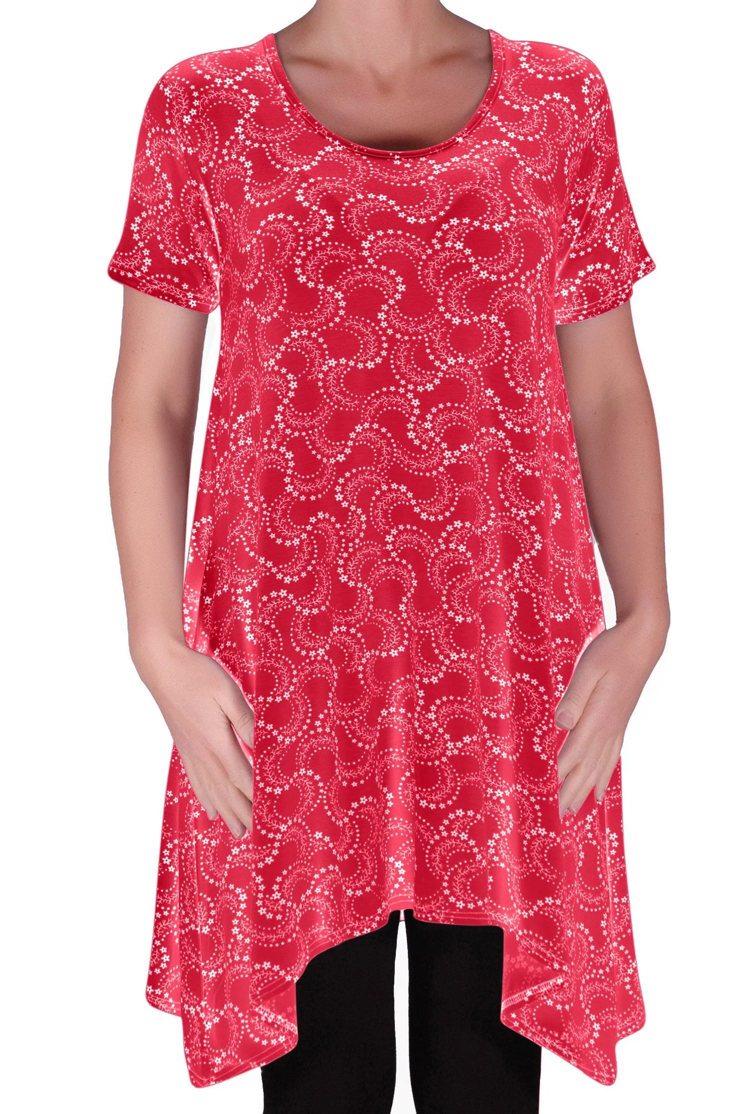 Faith Long Tunic Flared Uneven Hem Print Short Sleeve Top