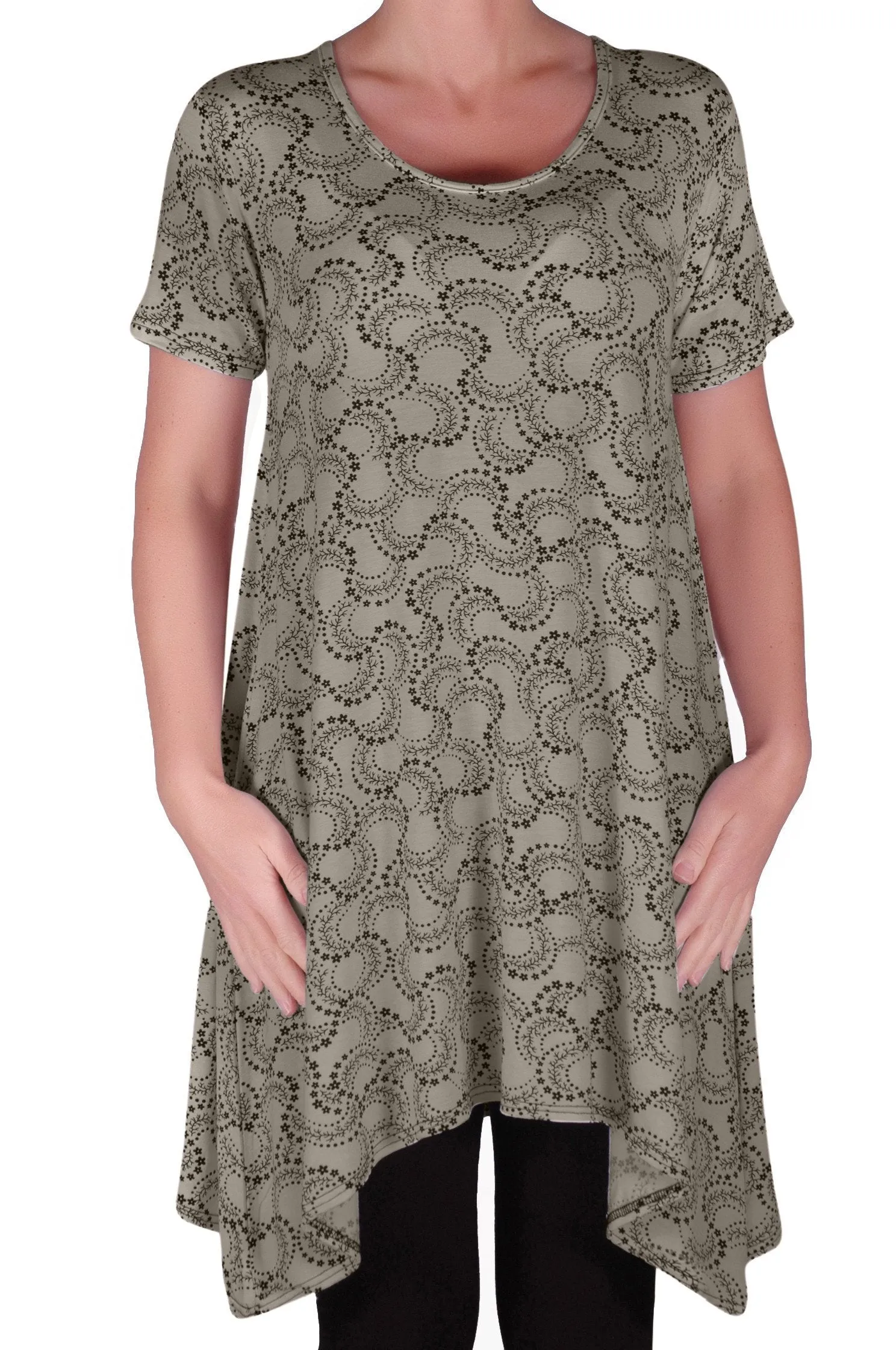 Faith Long Tunic Flared Uneven Hem Print Short Sleeve Top