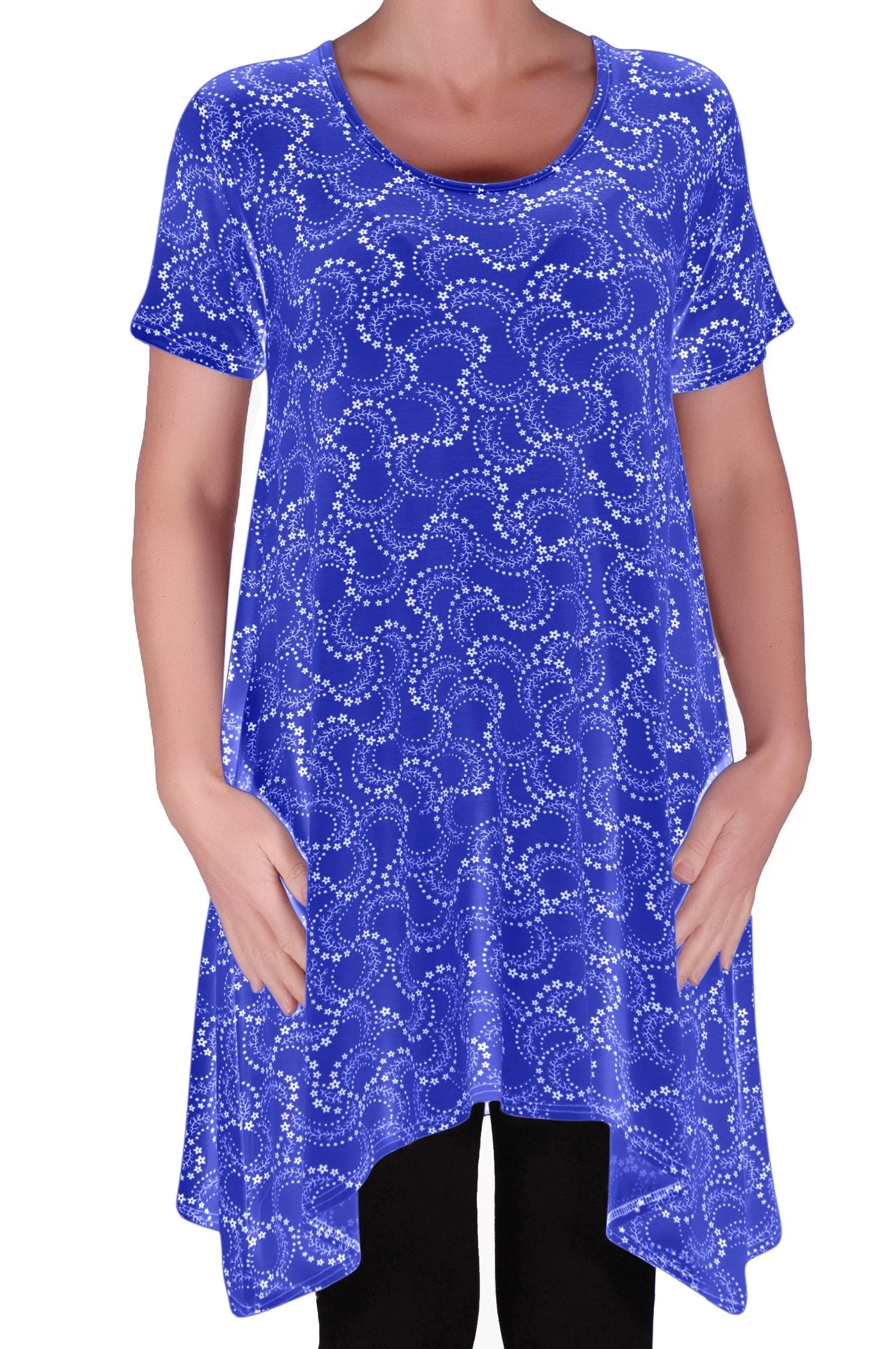 Faith Long Tunic Flared Uneven Hem Print Short Sleeve Top