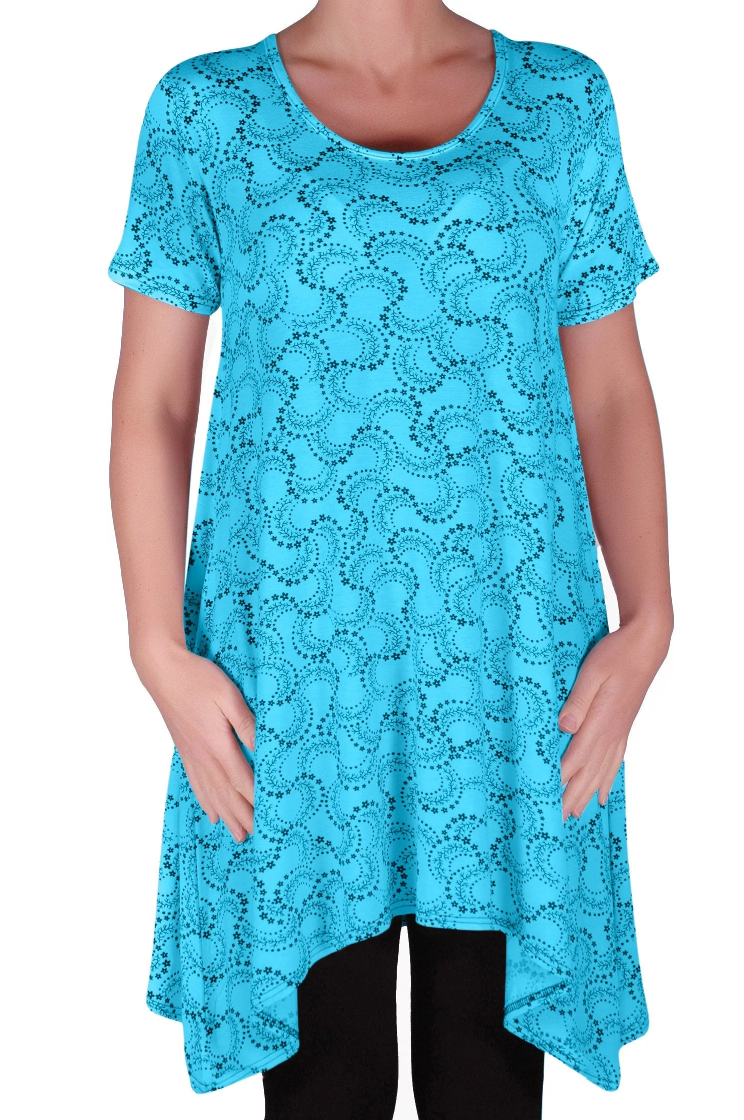 Faith Long Tunic Flared Uneven Hem Print Short Sleeve Top