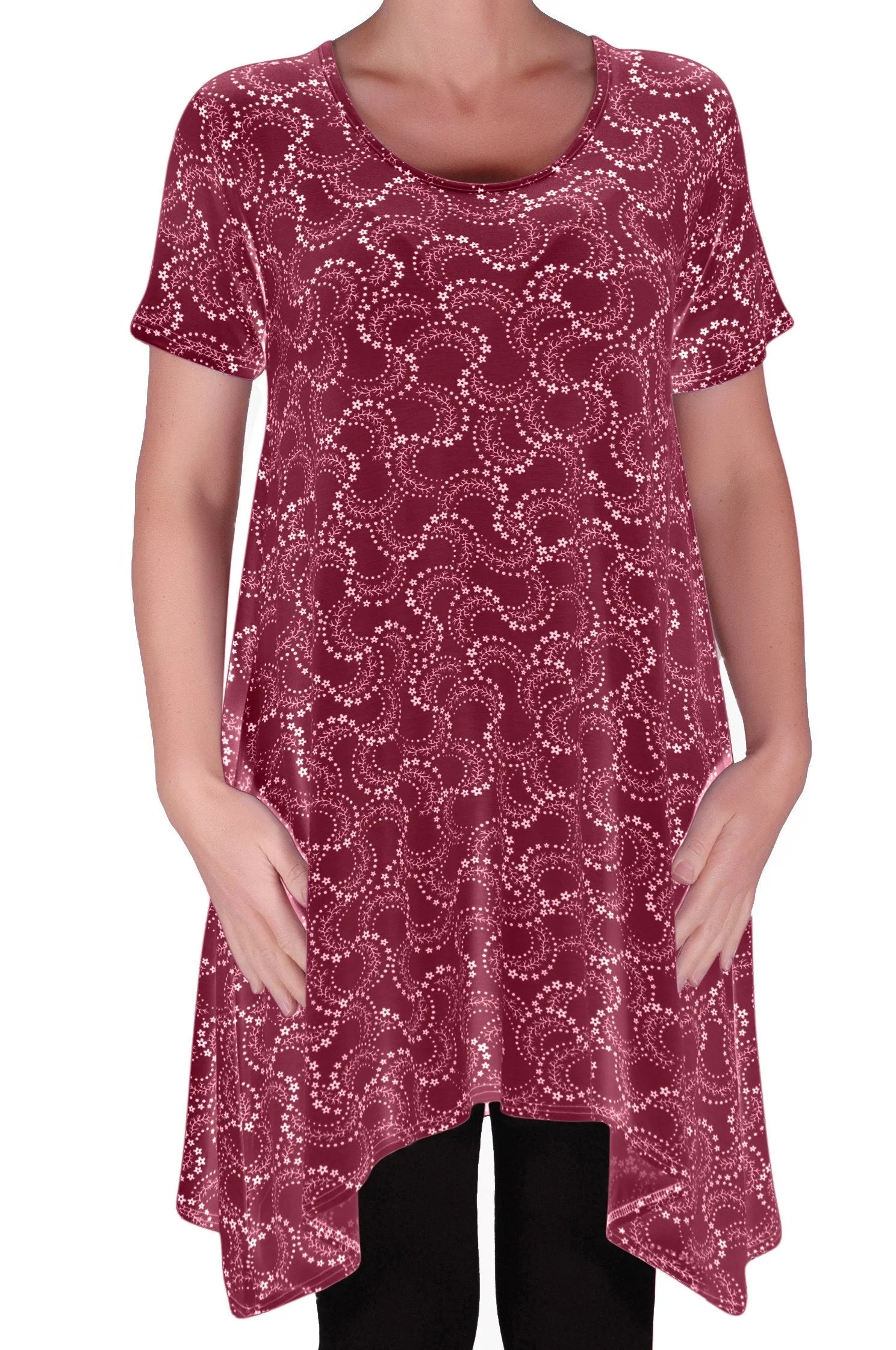 Faith Long Tunic Flared Uneven Hem Print Short Sleeve Top
