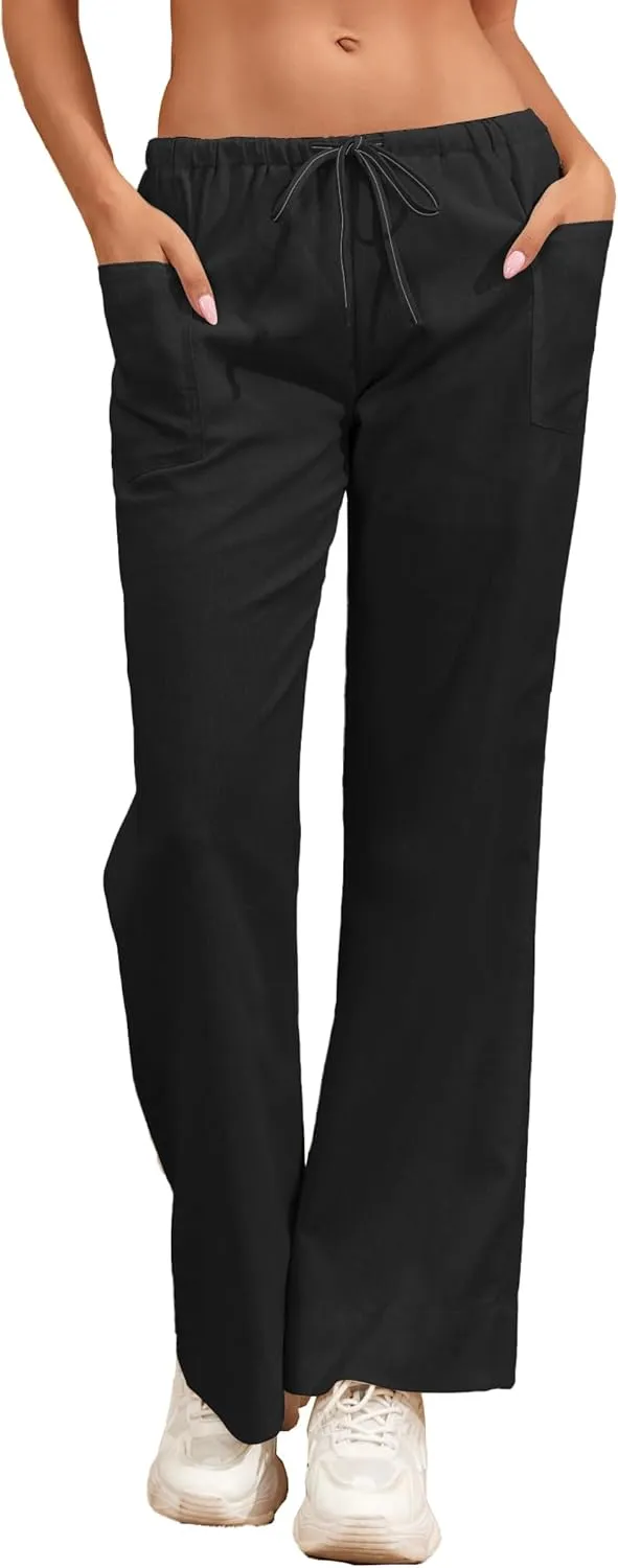 Famulily Womens Linen Pants Summer Wide Leg Casual Loose Drawstring Low Waist Palazzo Pants Lined Trousers with Patch Pockets