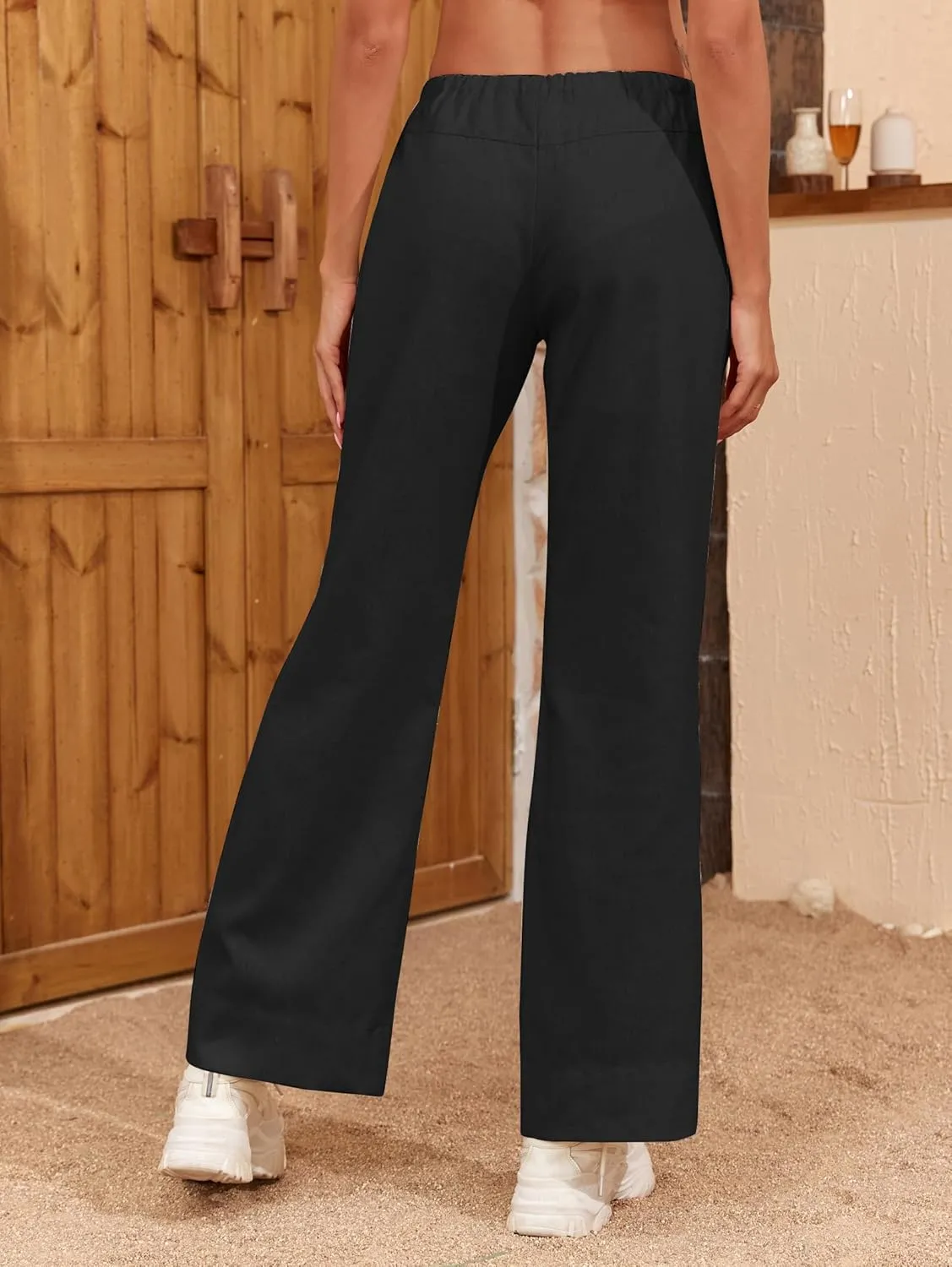 Famulily Womens Linen Pants Summer Wide Leg Casual Loose Drawstring Low Waist Palazzo Pants Lined Trousers with Patch Pockets