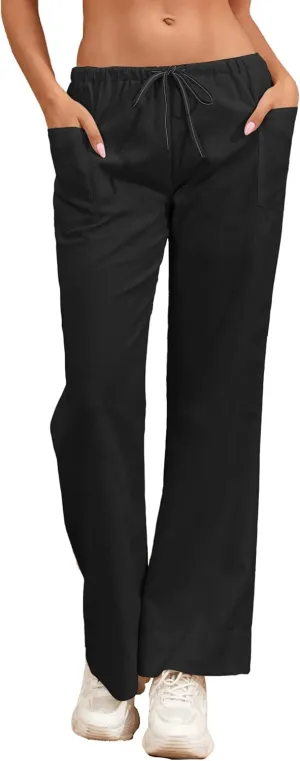 Famulily Womens Linen Pants Summer Wide Leg Casual Loose Drawstring Low Waist Palazzo Pants Lined Trousers with Patch Pockets