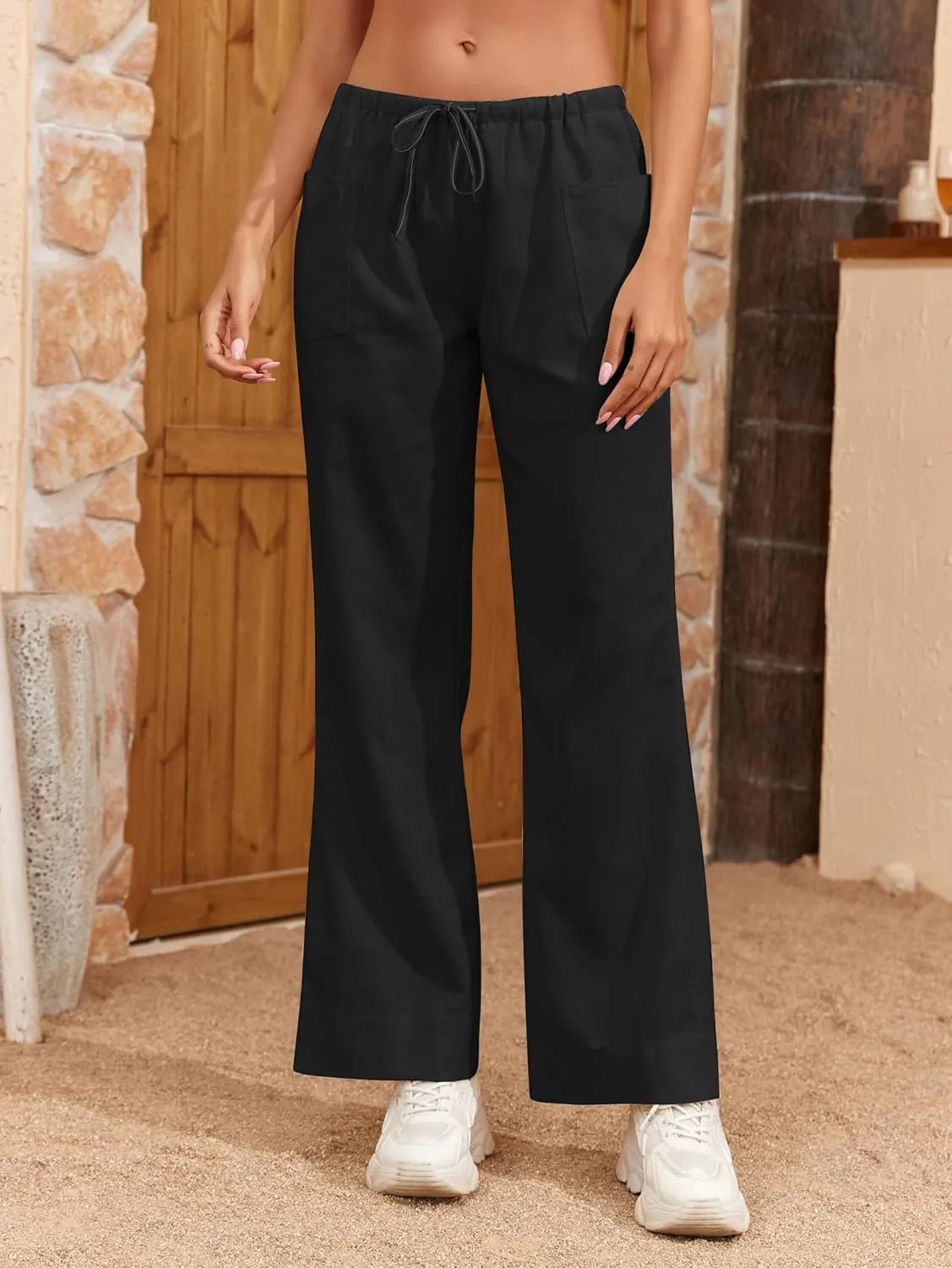 Famulily Womens Linen Pants Summer Wide Leg Casual Loose Drawstring Low Waist Palazzo Pants Lined Trousers with Patch Pockets