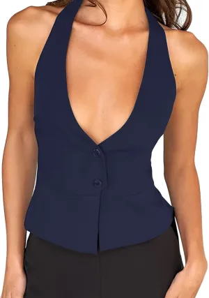 Fanway&EC Women's Casual V Neck Button Front Crop Vest Sleeveless Sexy Halter Backless Waistcoat Jacket