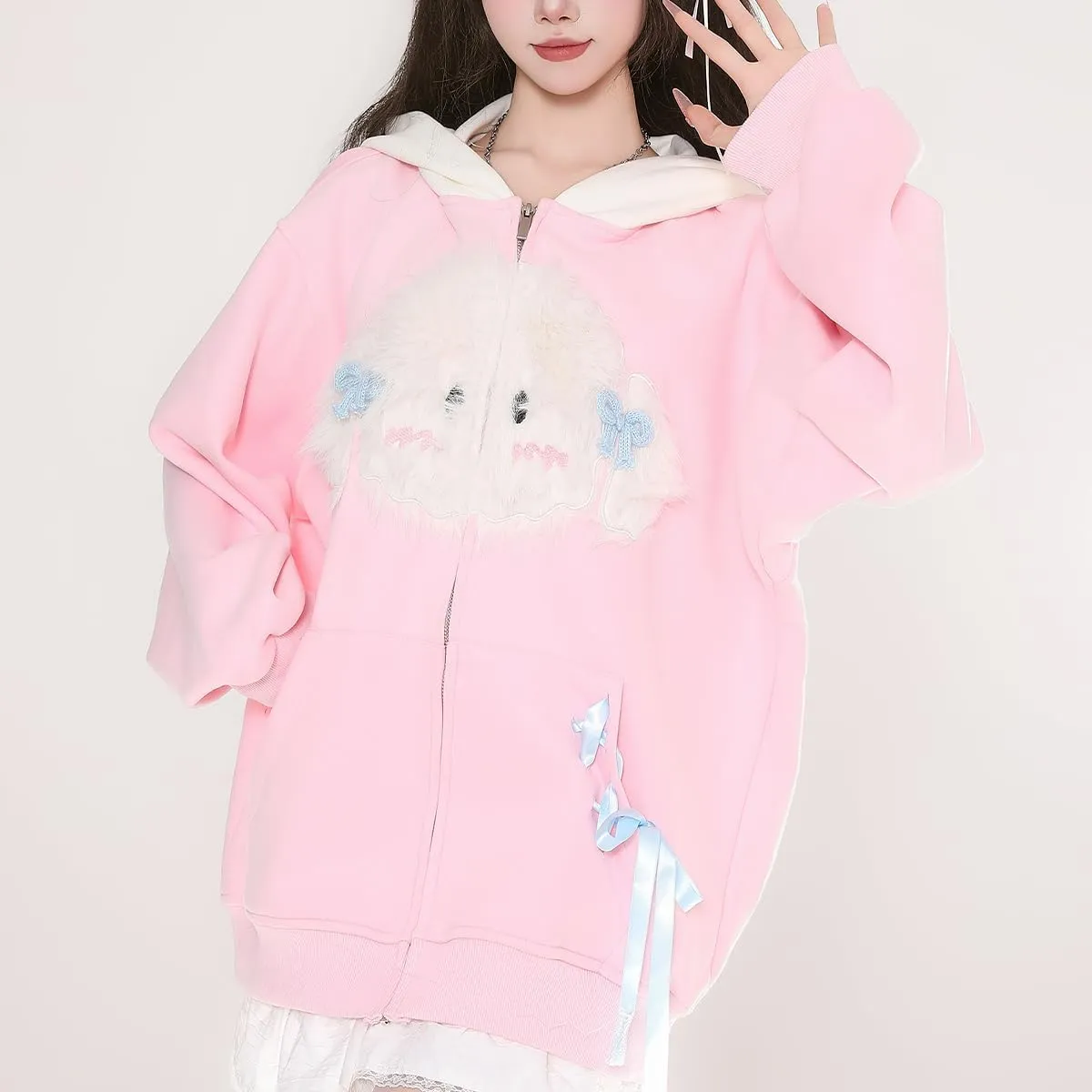 Fashion Cute Zip Cardigan Tops For Women Kawaii Cartoon Dog Embroidery Oversized Long Sleeve Casual Hoodies