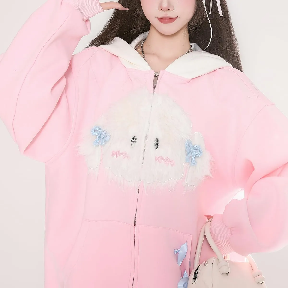 Fashion Cute Zip Cardigan Tops For Women Kawaii Cartoon Dog Embroidery Oversized Long Sleeve Casual Hoodies