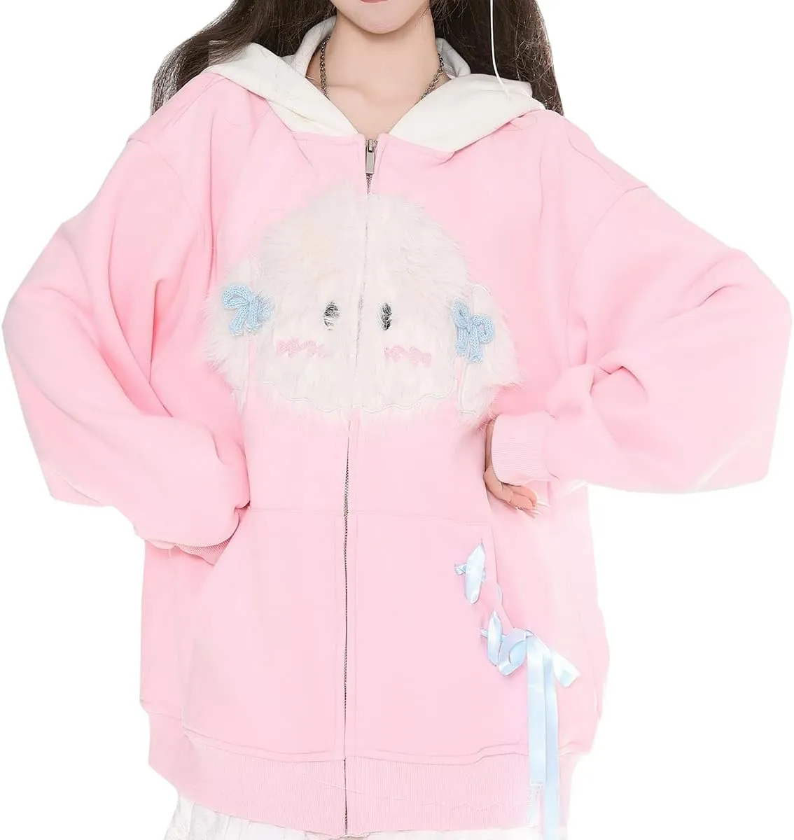 Fashion Cute Zip Cardigan Tops For Women Kawaii Cartoon Dog Embroidery Oversized Long Sleeve Casual Hoodies