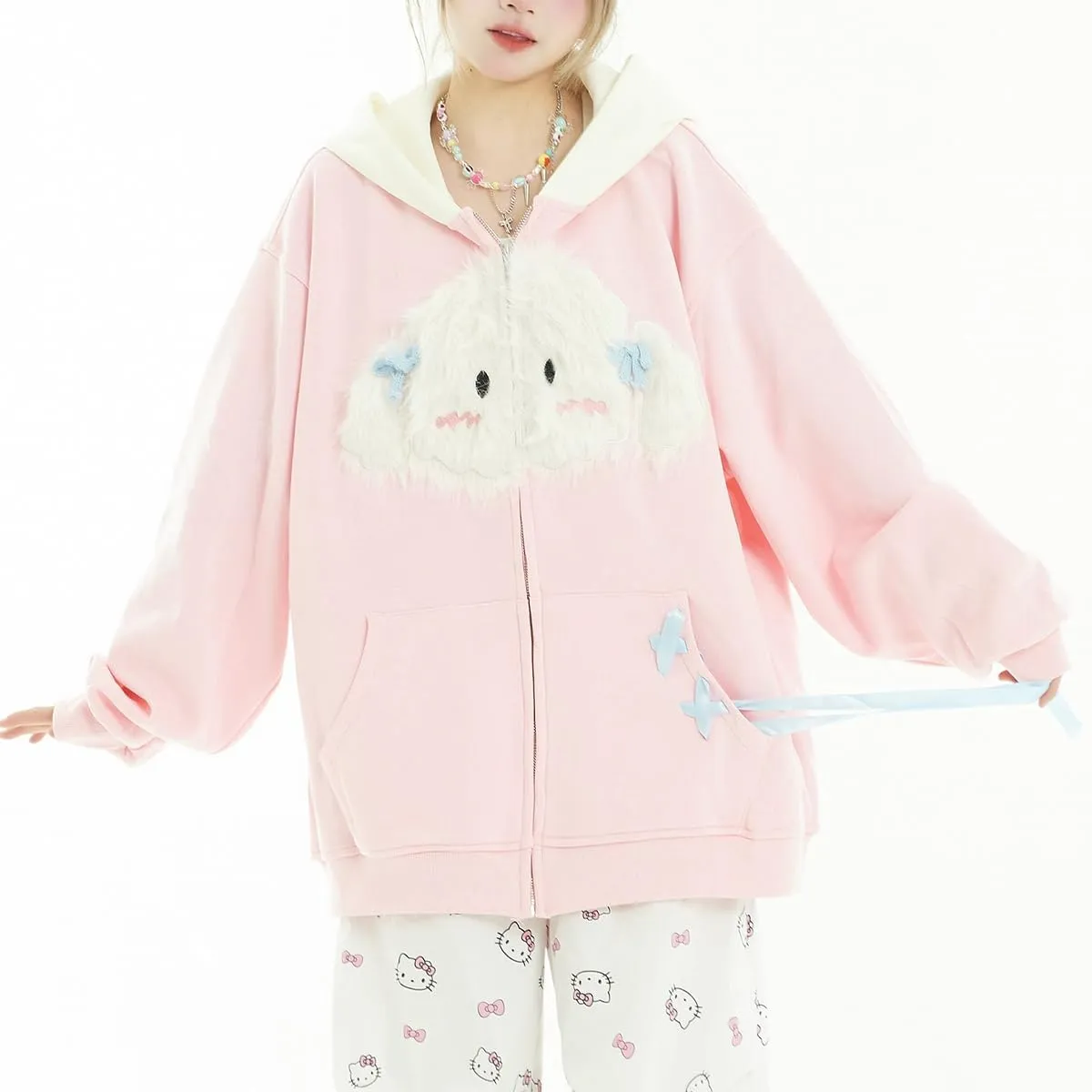 Fashion Cute Zip Cardigan Tops For Women Kawaii Cartoon Dog Embroidery Oversized Long Sleeve Casual Hoodies