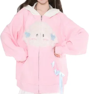 Fashion Cute Zip Cardigan Tops For Women Kawaii Cartoon Dog Embroidery Oversized Long Sleeve Casual Hoodies