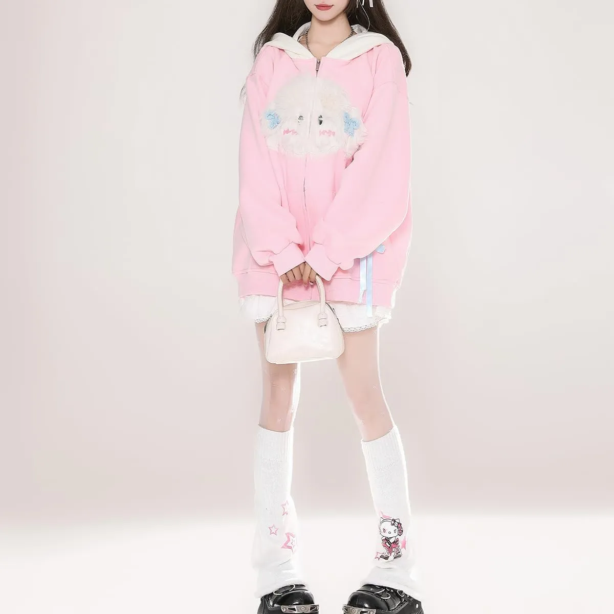 Fashion Cute Zip Cardigan Tops For Women Kawaii Cartoon Dog Embroidery Oversized Long Sleeve Casual Hoodies