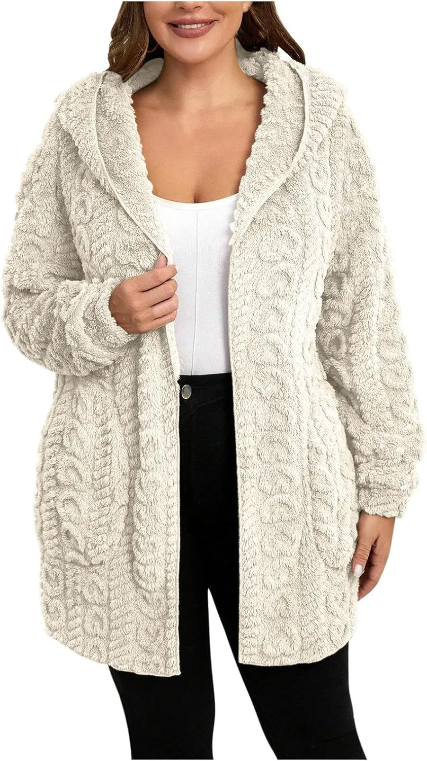 Finelylove Winter Coats for Women 2024 Fuzzy Fleece Hoodie Mid Length Soft Sherpa Cardigan Sweater Trendy Teddy Bear Coats