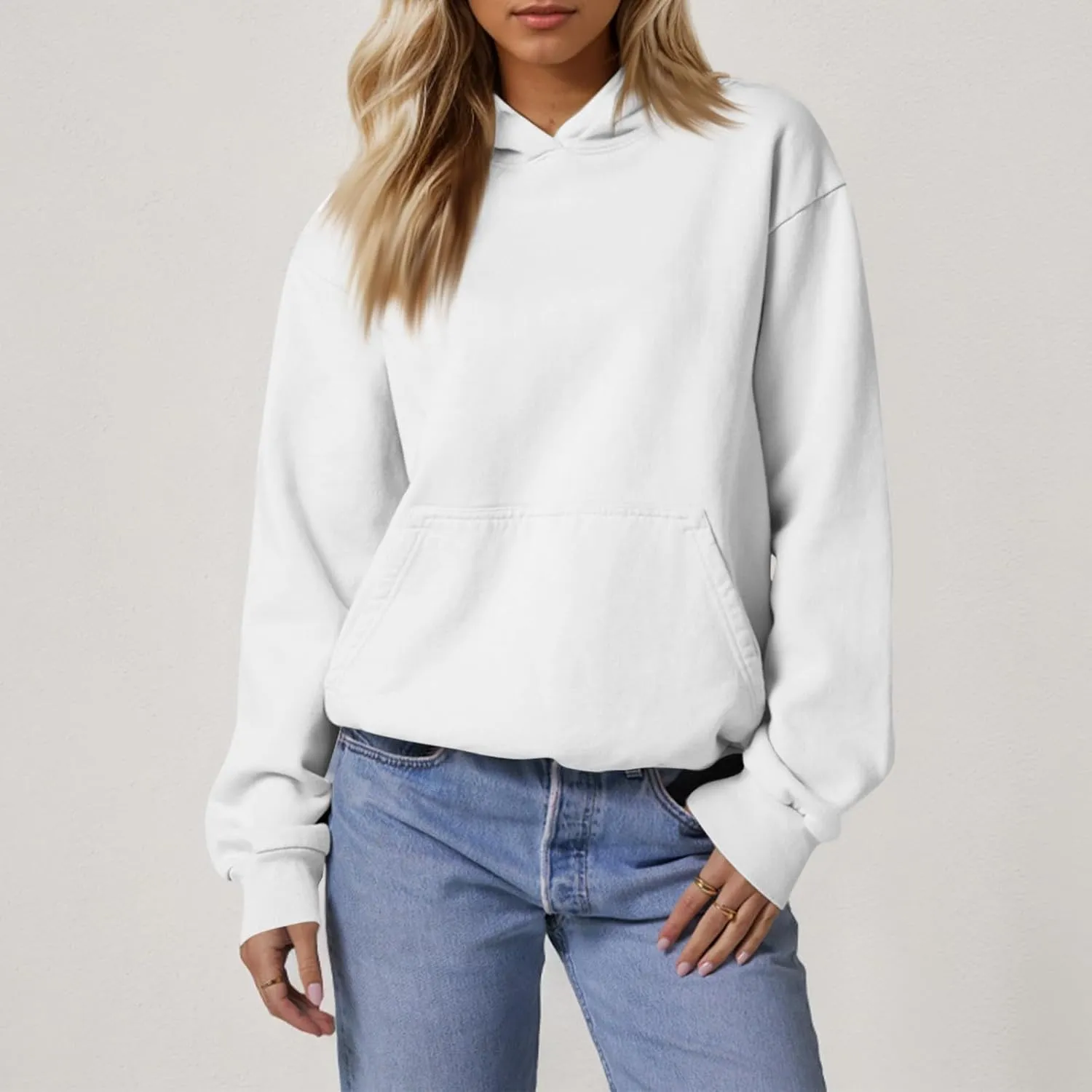 Fleece Hoodie Women Oversized Plain Hooded Sweatshirt Casual Long Sleeve Pullover Tops Comfy Drop Shoulder Sweater