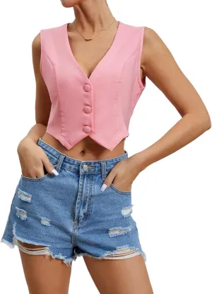 Floerns Women's Sleeveless V Neck Single Breasted Vest Crop Blazer Coat Jacket