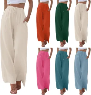 Flowy Linen Pants for Women Boho Casual Beach Wide Leg Trousers Drawstring Elastic Waist Palazzo Pants with Pockets