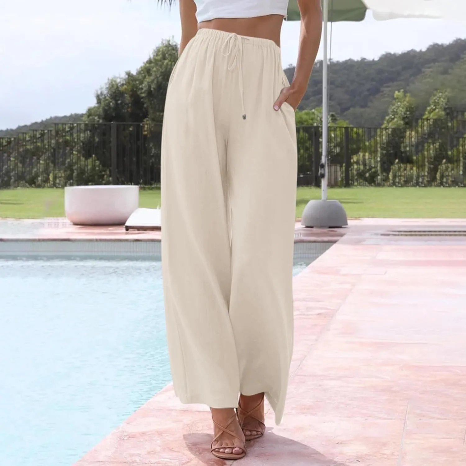 Flowy Linen Pants for Women Boho Casual Beach Wide Leg Trousers Drawstring Elastic Waist Palazzo Pants with Pockets