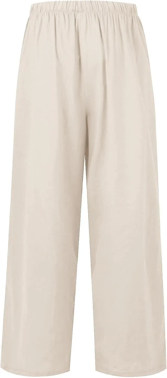 Flowy Linen Pants for Women Boho Casual Beach Wide Leg Trousers Drawstring Elastic Waist Palazzo Pants with Pockets