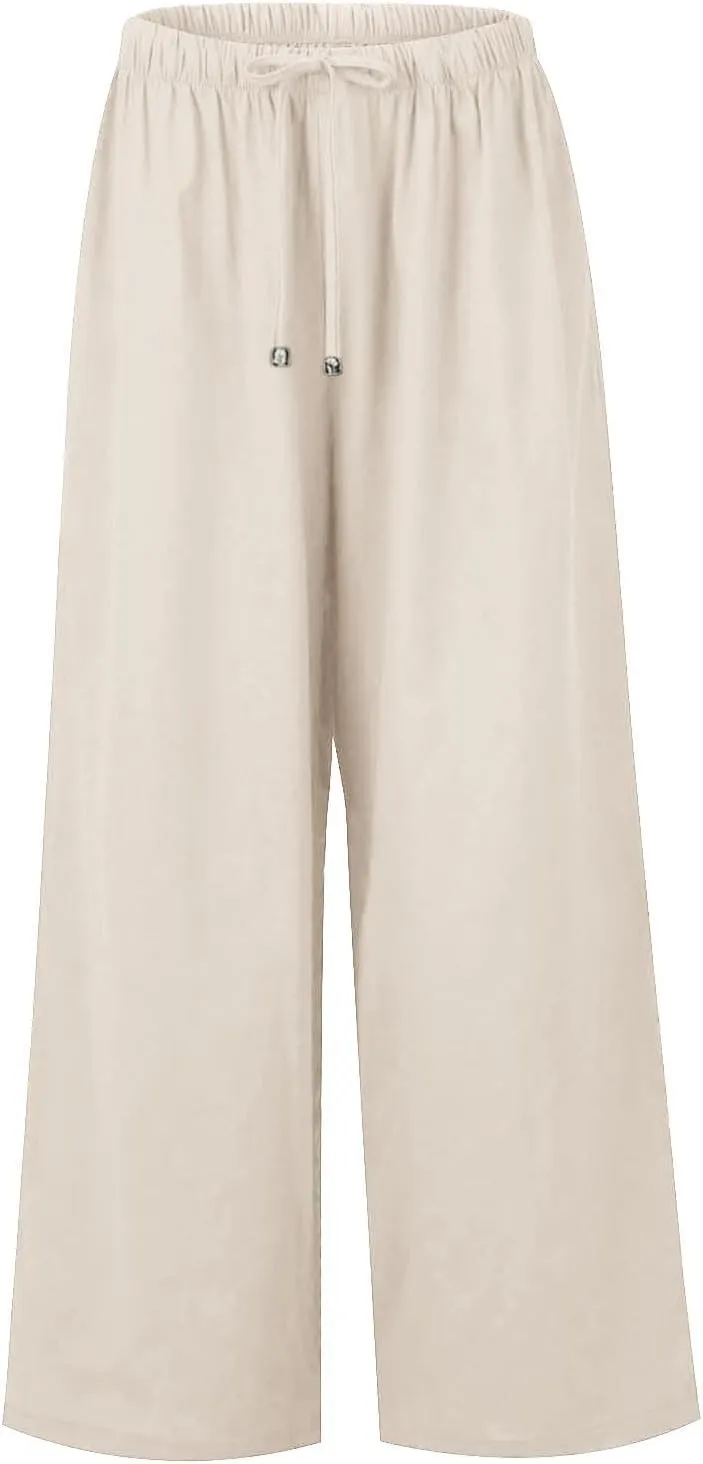 Flowy Linen Pants for Women Boho Casual Beach Wide Leg Trousers Drawstring Elastic Waist Palazzo Pants with Pockets